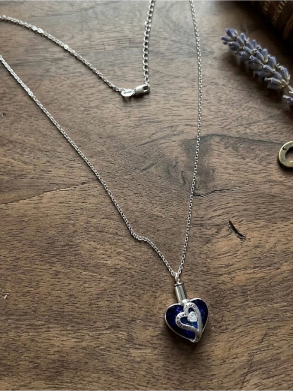 Silver Tone Blue Heart Pendant Necklace with Crystal Accent